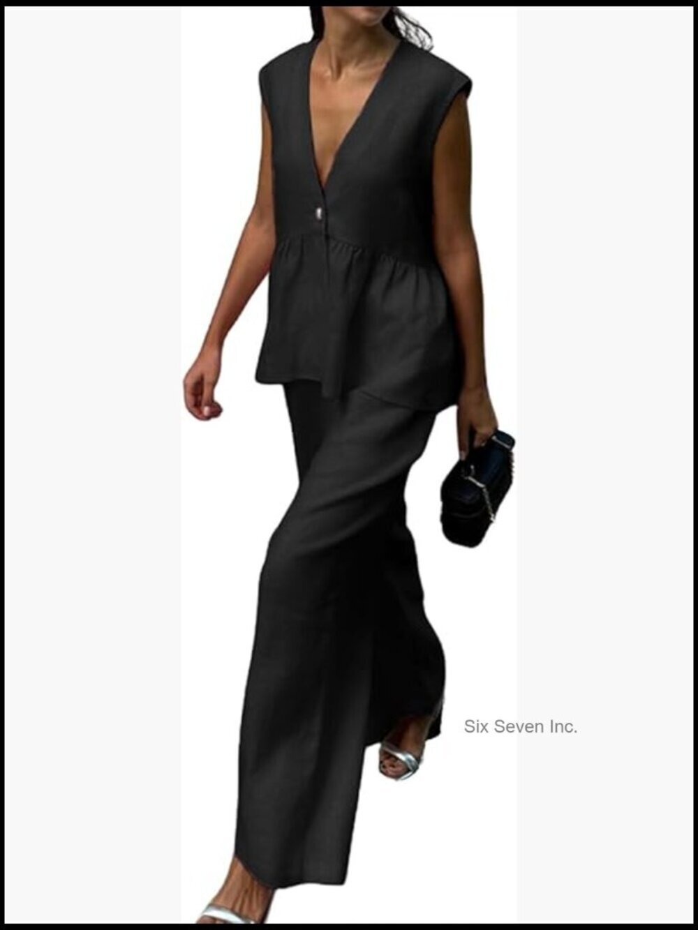 Sleeveless V Neck Peplum Vest Wide Leg Pant Suit Set Summer Outfits